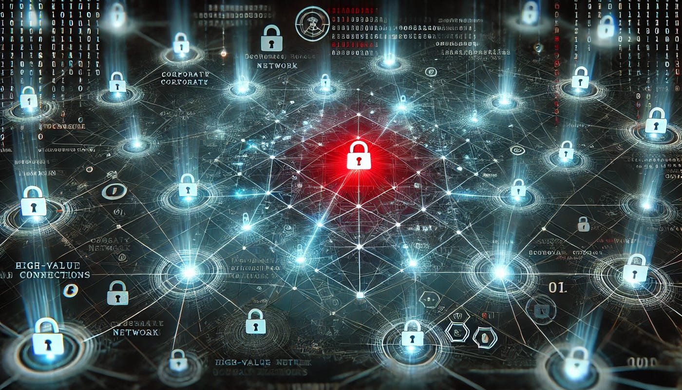 A red node flags unusual activity in a high-value corporate network.