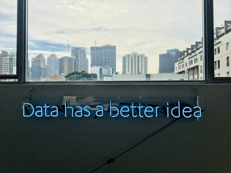 A blue neon sign reading "Data has a better idea" below a window with a city skyline.
